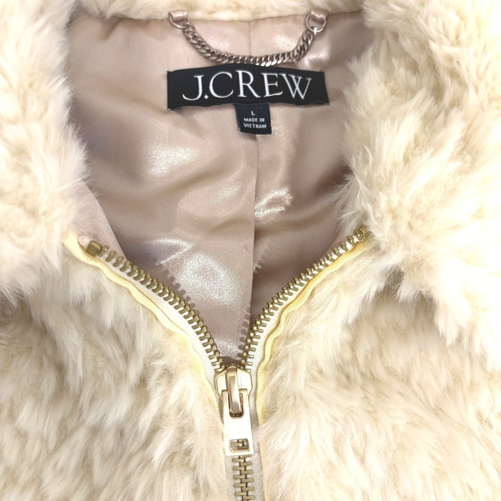 J.Crew Faux Fur Jacket Coat Womens L Ivory Cream Full Zip Teddy Bear High Pile - Picture 9 of 9